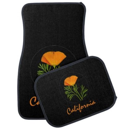 california   white   text   with   orange   poppy   on   black   car   floor   mat