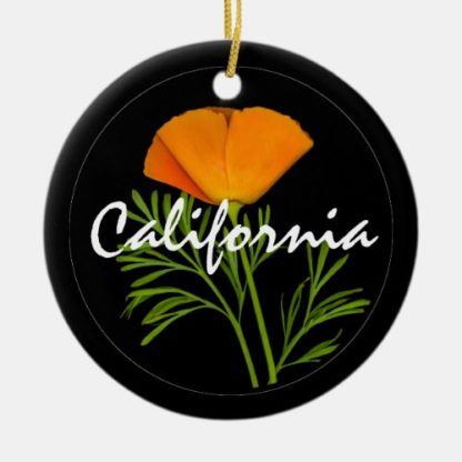 california   white   text   with   orange   poppy   on   black   ceramic   ornament