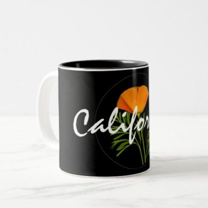 california   white   text   with   orange   poppy   on   black   two   tone   coffee   mug