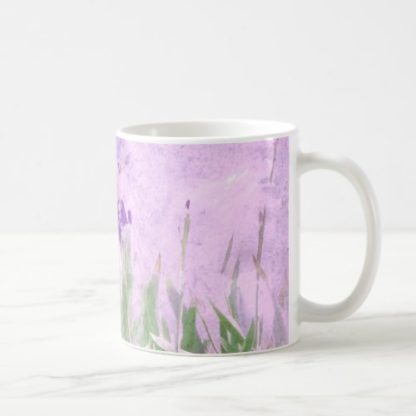 coffee mug with purple irises watercolor art on it