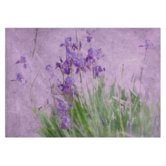 glass cutting board with purple irises watercolor art on it