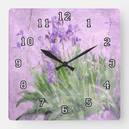 classic   purple   irises   digital   watercolor   floral   square   wall   clock