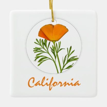orange   california   text   a   golden   poppy   in   a   circle   ceramic   ornament