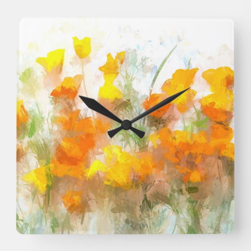sunrise   poppies   impressionistic   orange   poppy   art   square   wall   clock