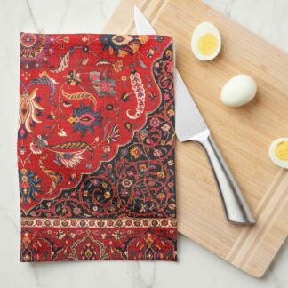 Red Persian Rug Kitchen Towel, quarter fold.