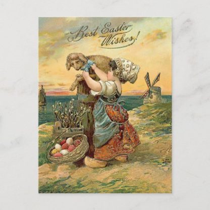 easter wished postcard - a dutch girl fixes the bow on a lamb. Text reads, Best Easter Wishes