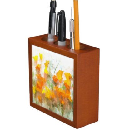 desk organizer with pencil holders, california poppy on front