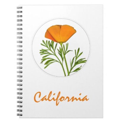 photo of a california poppy and california text on white spiral notebook
