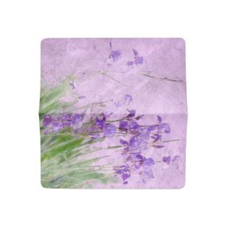 checkbook cover with purple irises watercolor on it