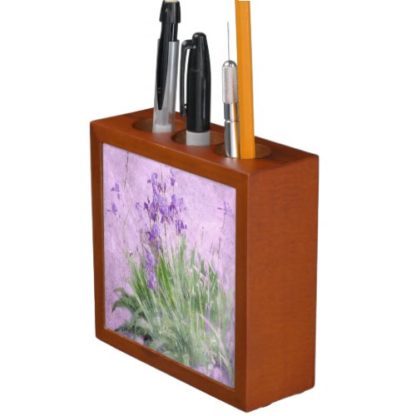 desk organizer with pencil holders, purple irises watercolor art on it