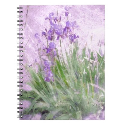 spiral notebook with purple irises watercolor on the front