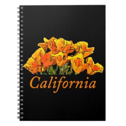spiral with stylized california poppy art and california text on black
