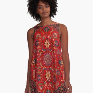 woman wearing a red persian rug a-line dress