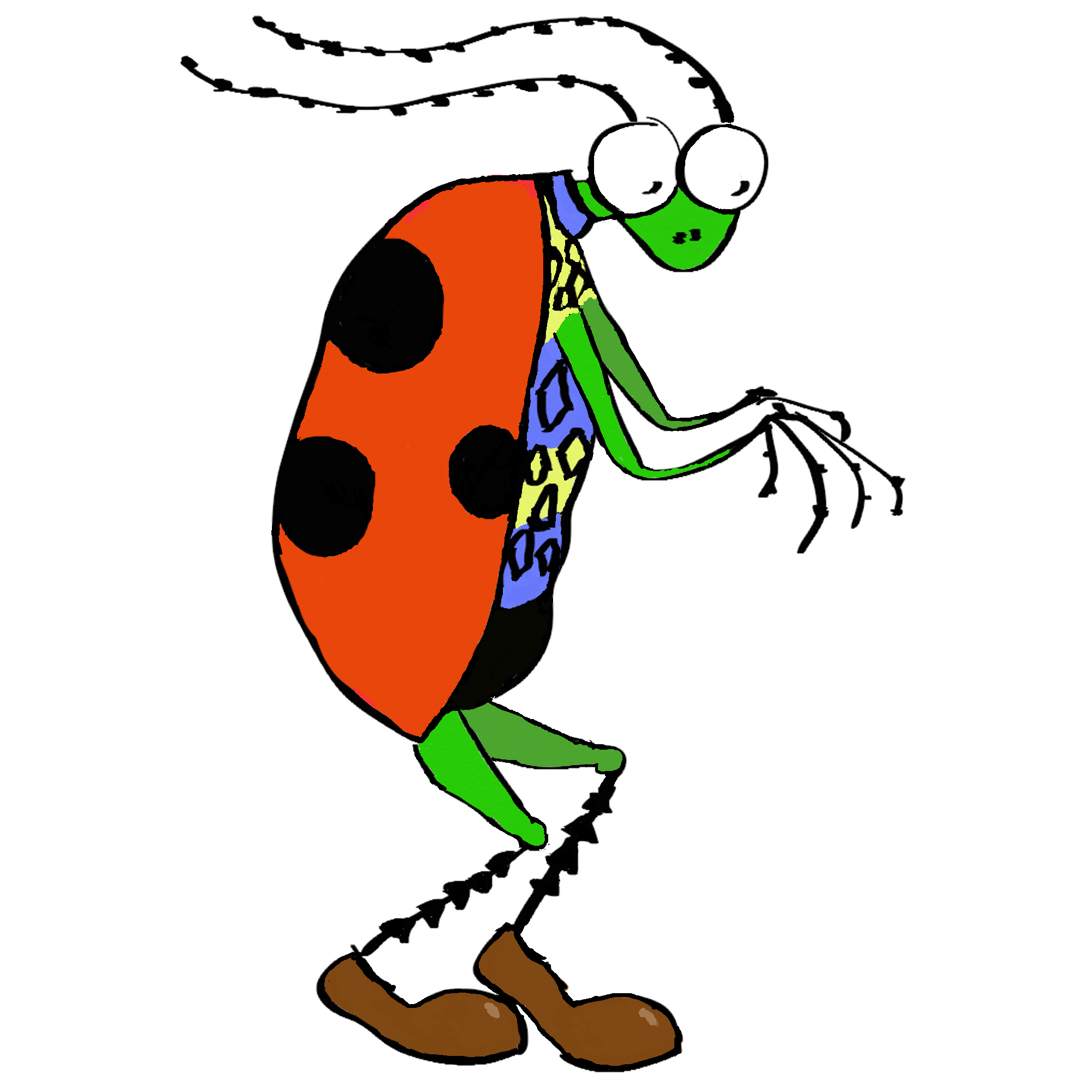 Beetlespank -- a geeky cartoon bug with ladybug spots, big eyes and bony fingers. Wears an argyle sweater.